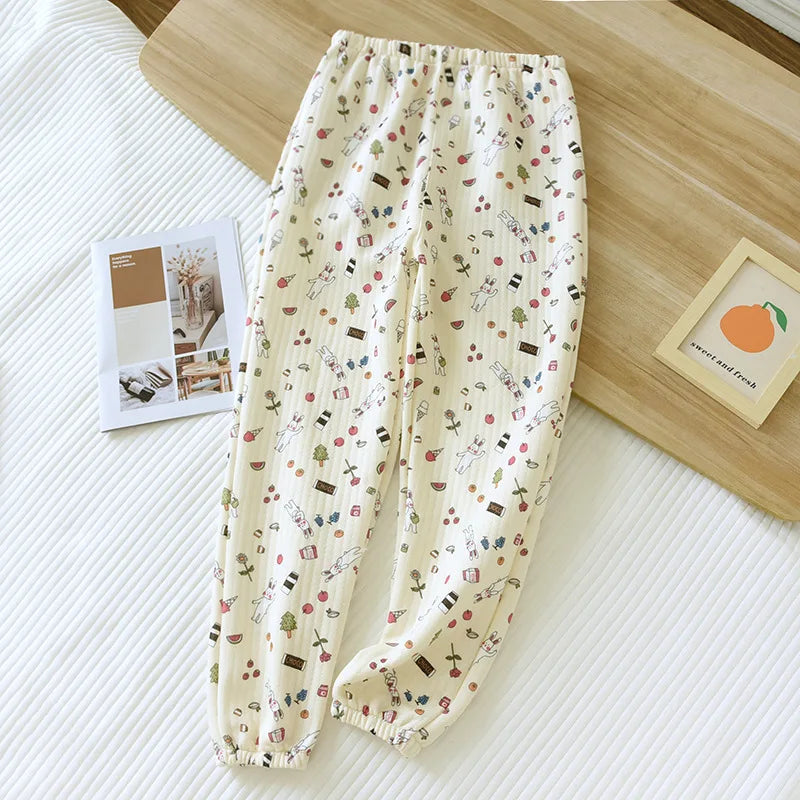 Pure Cotton Air Layer Pajama Pants For Women Autumn Winter Warm Thickened Sleepwear Pantalones Loose Printed Female Pijama Pants