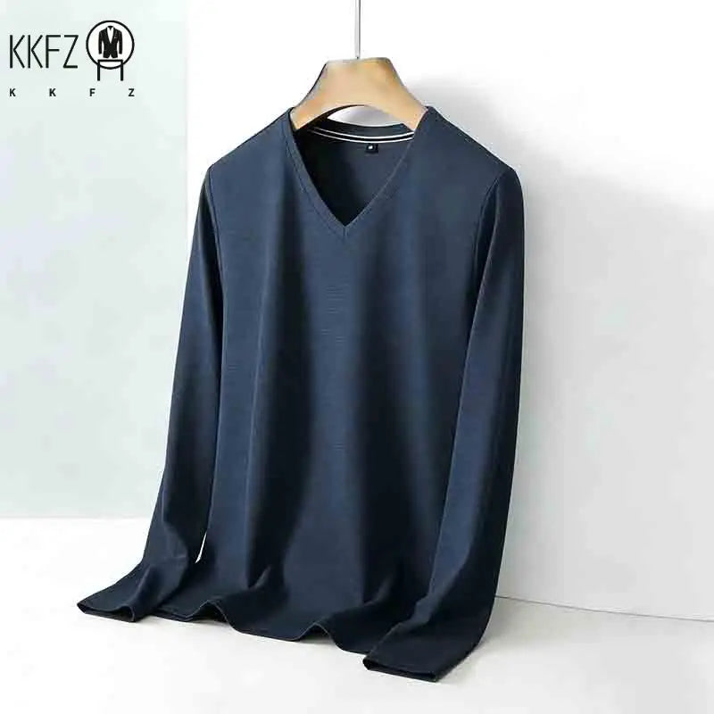 2026 New Men's Brown V-neck Long Sleeve Shirt Casual Business Commute Top for Office