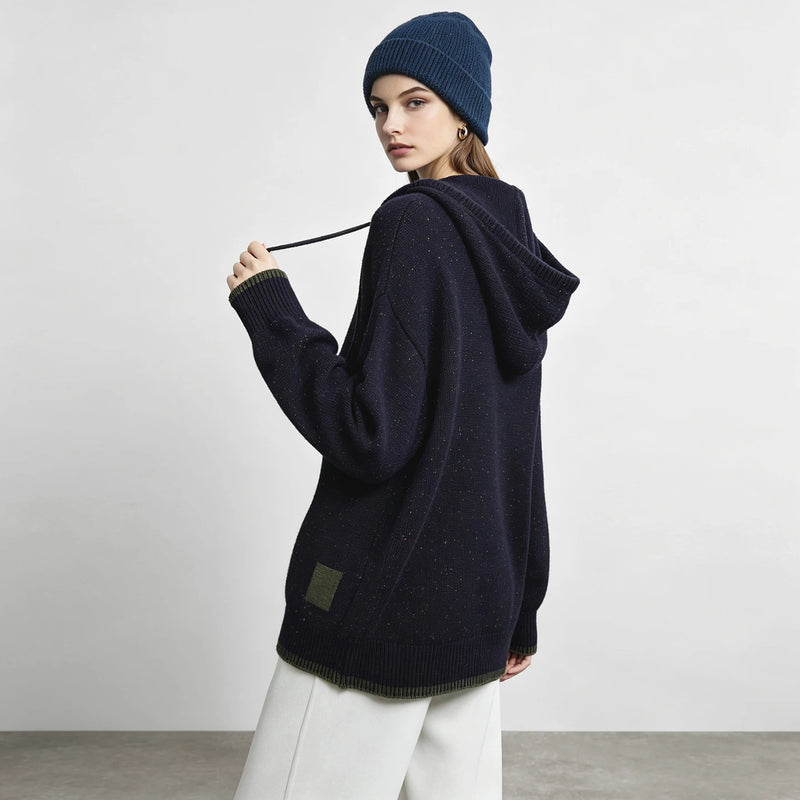 Amii Half-Zip Hooded Color Block Knit Pullover Drop Shoulder Loose Fit Casual Commuter 2026 Winter Women's Sweaters 12654035