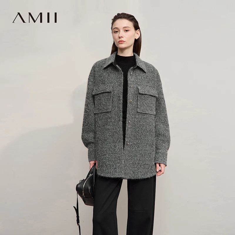 AMII Elegant Women's Coat 2026 Winter New Casual Turn-Down Collar Woman Jacket Loose Knitted Long Sleeves Coat Ladies 12554016
