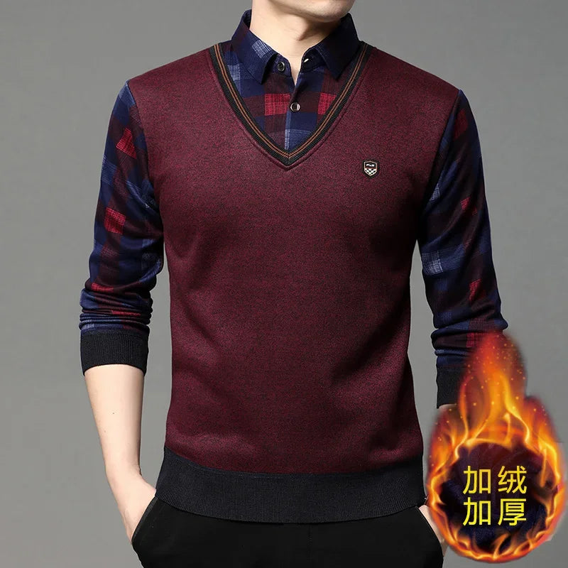 Slim Fit Fake Two Piece Sweater Men Stretch Knit Thermal Fleece Lined Plaid Long Sleeve Collared Office Travel Outfit