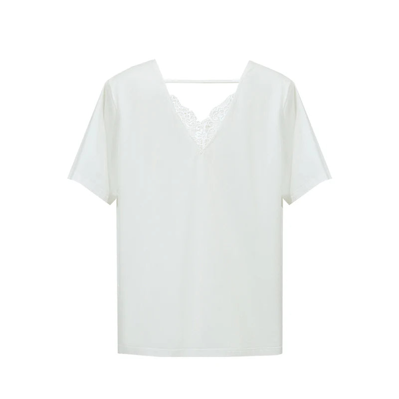 Amii Women's T-Shirt 2026 Summer New Lace V Neck Cutout Back Cotton Tee Stretch Short Sleeve Loose Women's Tee Shirt 12622096