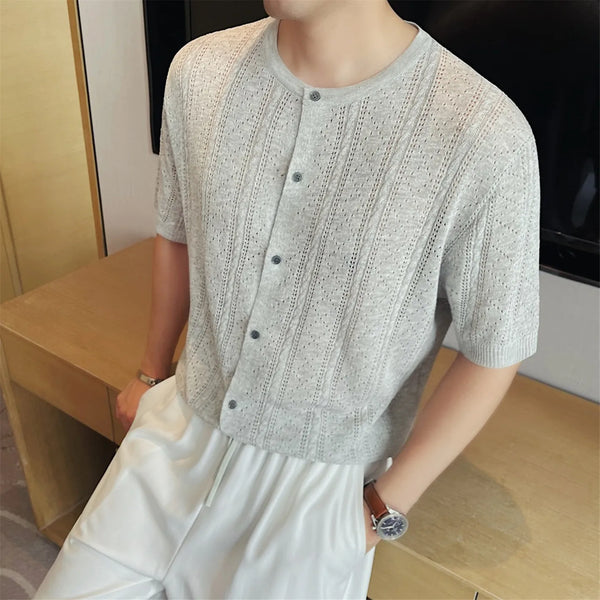 Men's Linen Blend Short Sleeve Knit Cardigan – Breathable Hollow-Out Stand Collar Top with Relaxed Fit for Casual & Outdoor Wear