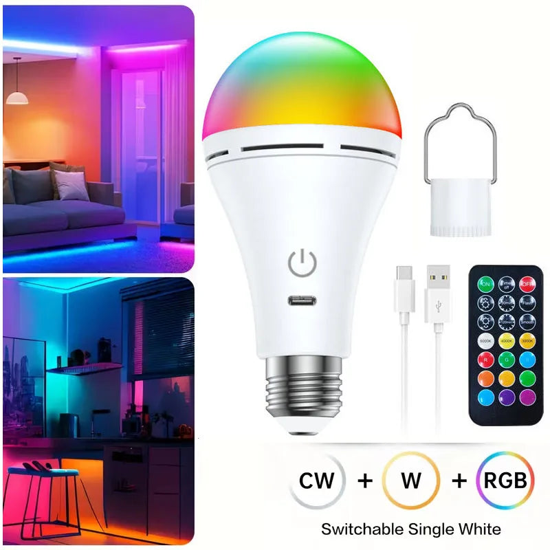 អំពូលភ្លើង E27 RGB ពណ៌ប៉ះ USB អាចសាកបាន អំពូលចល័ត អំពូលសង្គ្រោះបន្ទាន់ ភ្លើងពេលយប់សម្រាប់បន្ទប់ទទួលភ្ញៀវបោះតង់