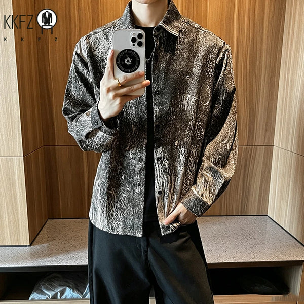 Mens Vintage Texture Graffiti Shirt Turn Down Collar Long Sleeve Button Front Relaxed Streetwear Casual Outerwear