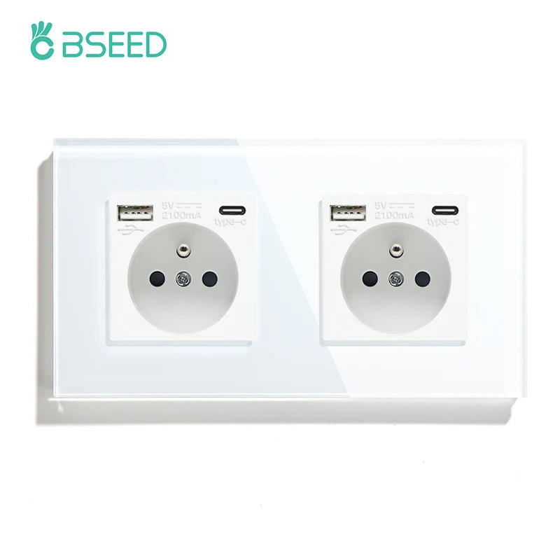 BSEED French Standard Single Wall Power Sockets Double France USB Type-C Port Outlet Crystal Glass Panel Children Protection 16A