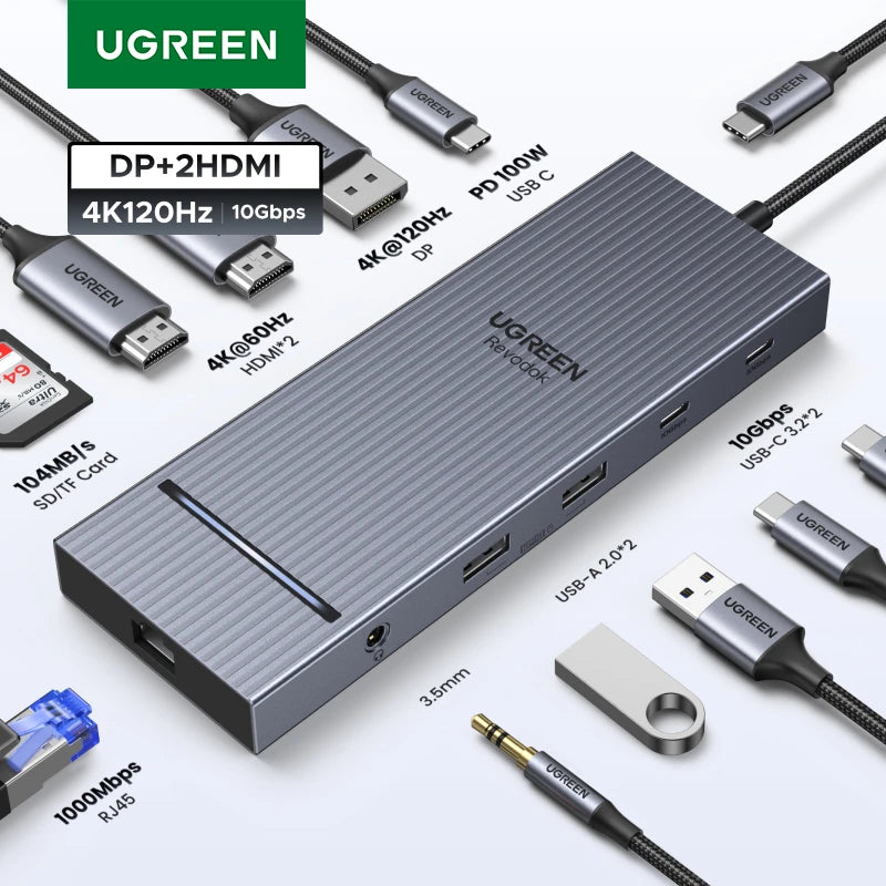 UGREEN 12-in-1 USB HUB Type-C to 2HDMI 4K120Hz DP USB3.2 10Gbps SD/TF RJ45 PD100W for Windows Dell HP Laptop Accessories Docking