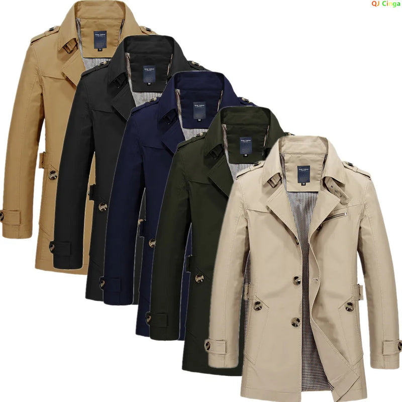 2026 New Men's Khaki Long-Sleeve Jacket, Green Single-Breasted Lapel Coat, Black or Blue Overcoat Available.