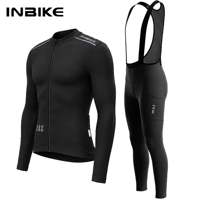 INBIKE Winter Fleece Cycling Suit Men Long Sleeve Jersey Bib Pants Set Road Bike Outdoor Sports Shockproof Padding with Pockets