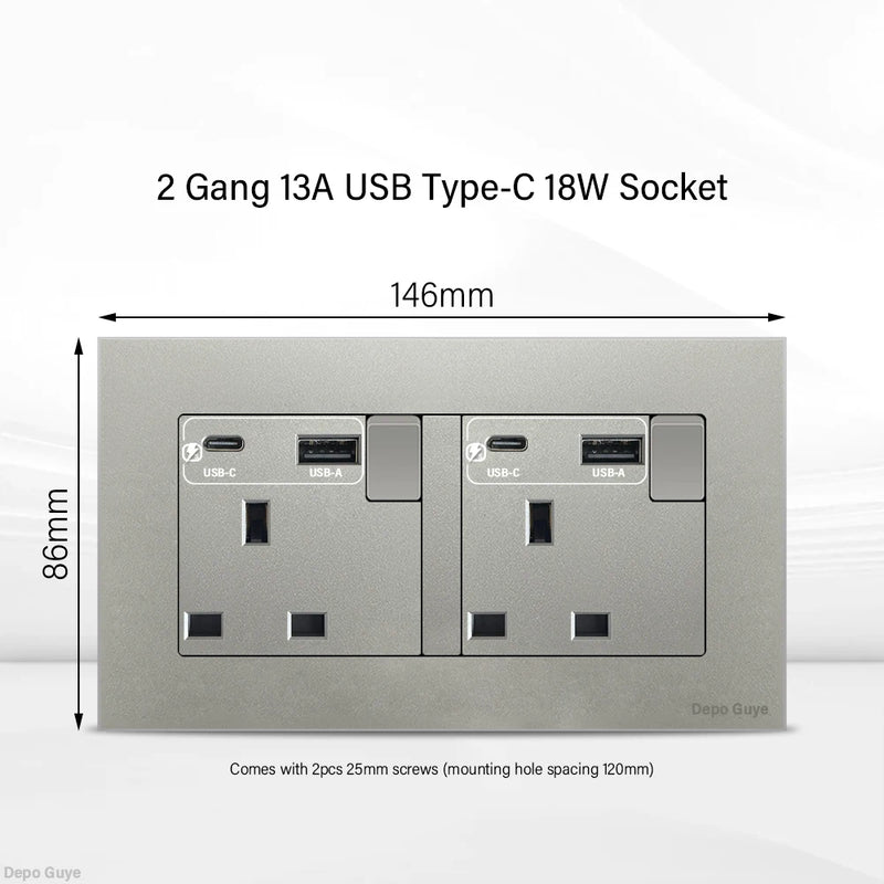 Universal 18W Type-C Quick charge Double Power Outlet,220V Electrical Wall Light 2way Switch UK 13A Wall Double USB Plug Socket