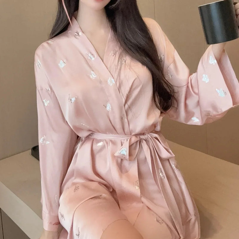 Kimono Robe Sleepwear Comfort Bathrobe Loungewear Woman Clothing New Spring Autumn V Neck Long Sleeve Women's Dressing Gown