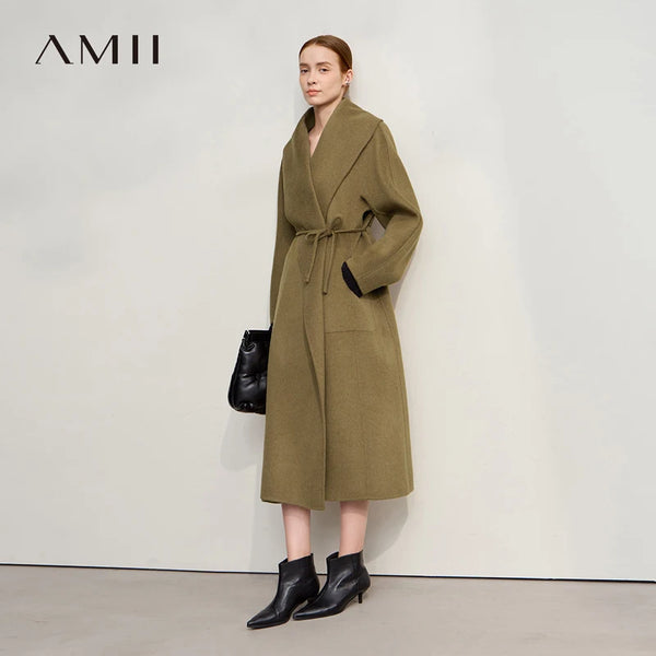 AMII Wool Coat Women 2026 Winter New Cashmere Double-sided Women's Jacket With Belt Lapel Solid Color Loose Long Coat 12544098