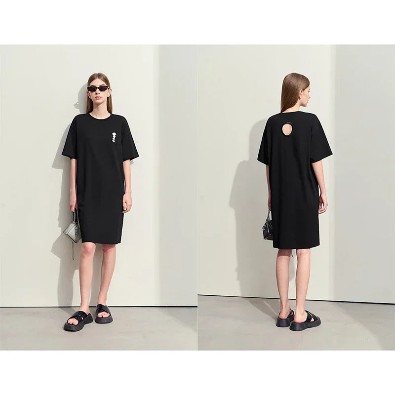 Amii Minimalism Dress For Women 2026 Summer New O-Neck Fun Embroidery Hollow Cotton Loose Casual T-shirt Dress Female 12442174