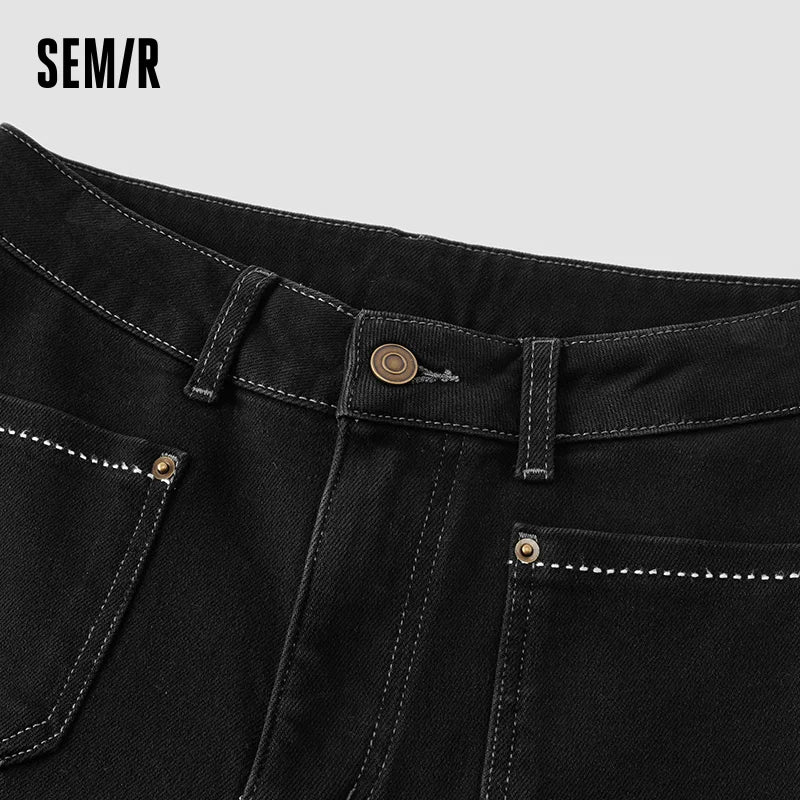 Semir Women Jeans Fleece Lined Panelled Design Stripe Pattern Loose Fit Wide Leg Cuffed Hem Full Length Solid Color 2026 Winter