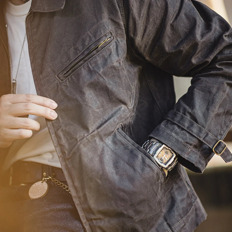 អាវក្រៅ Maden បុរស Vintage IV Oil Waxed Canvas Jacket Lapel Zipper Short Outerwear Classic Slim Fit for Men's Spring and Fall Jacket