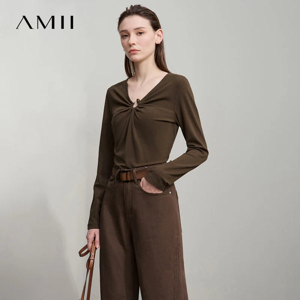 AMII 2026 Autumn Minimalism Solid V-neck T-Shirt Office Lady Long Sleeves Basic Slim Detachable Design Women Clothing 12523066