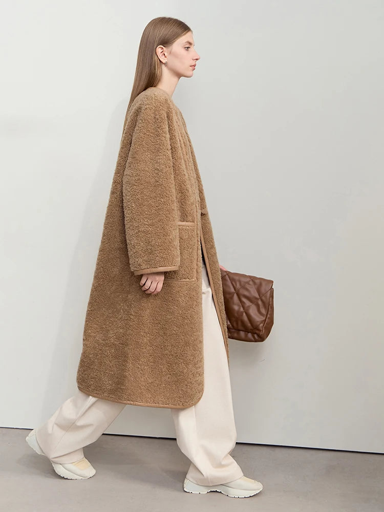 AMII Long Fur Coat 2026 Winter New V-neck All-wool Thick Warm Outerwears Leather Buckle Pocket Casual Loose Women's Top 12444137
