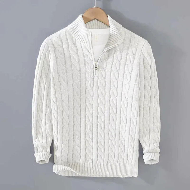 Men's Cable Knit Half Zip Sweater Fall Winter Warm High Neck Pullover 100% Cotton Stretch Knitwear