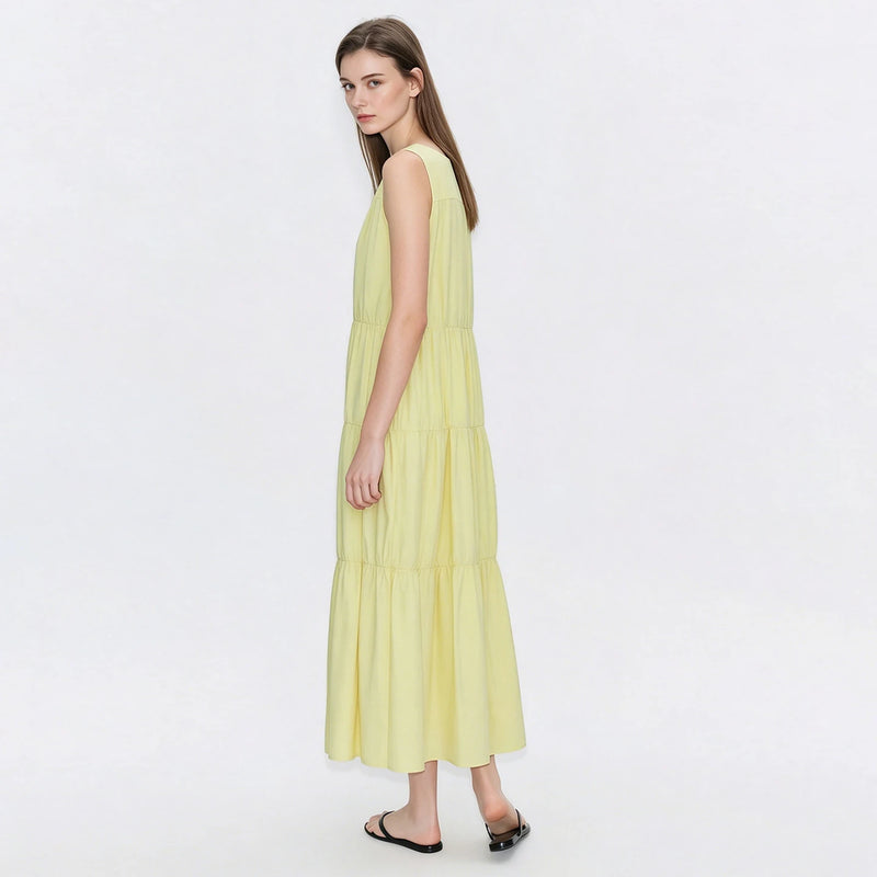 Amii 100% Cotton Women Dress 2026 Summer New Round Neck Sleeveless Back Tie Casual Vacation Style A-Line Midi Dress 12642110