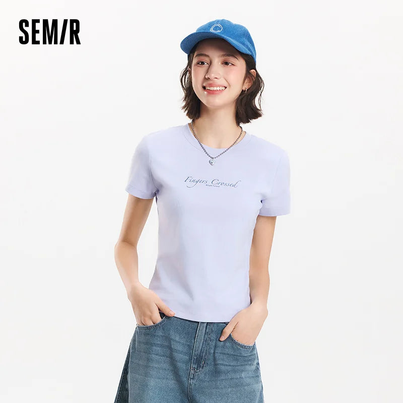 Semir Women Tshirt Slim Standard Shoulder Letter Print Crew Neck 2026 Summer Fashion Casual Style Soft Lightweight Daily Top