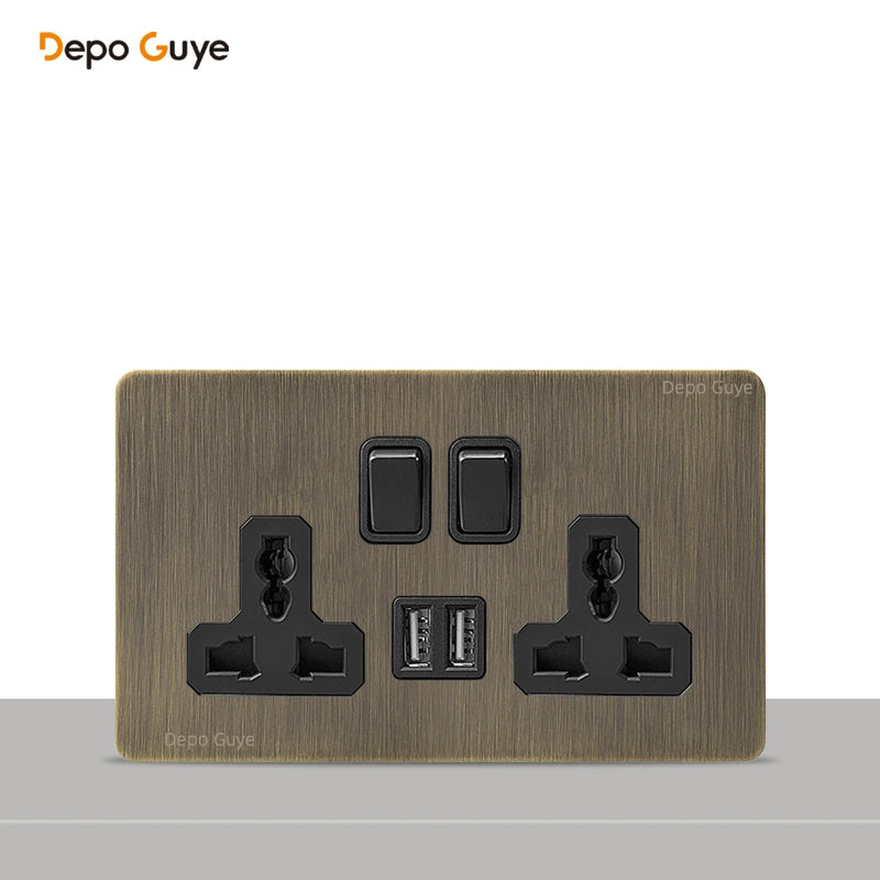 146 Type Retro Metal Panel UK 13A Wall Socket,Bronzed Stainless Steel Power Universal 3-pin Dual Power Socket With USB C charge