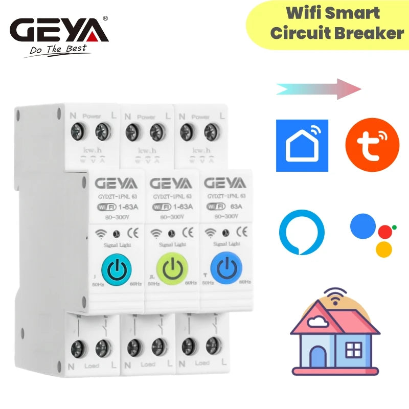 GEYA Tuya WiFi Smart Circuit Breaker MCB 63A Timer Power Energy KWh Voltage Current Meter Protector Remote Control Switch
