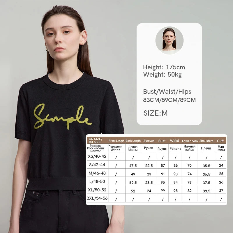 AMII Woman T-Shirts 2026 Summer Letter Jacquard Round Neck Knitted Crop Top Casual Short Sleeve Tee Women Clothes 12523051