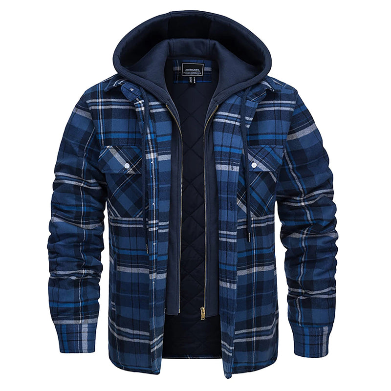 TACVASEN Men's Cotton Flannel Shirt Button Down Plaid Shirts with Hood Quilted Lined Casual Shacket Mens Winter Heavy Shirt New