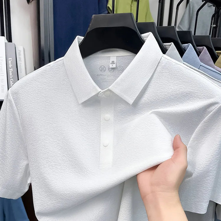 Men's Textured Polo Shirt Short Sleeve – Stretchy Blend, Soft Breathable, Multi-Color, Business Casual Summer Top