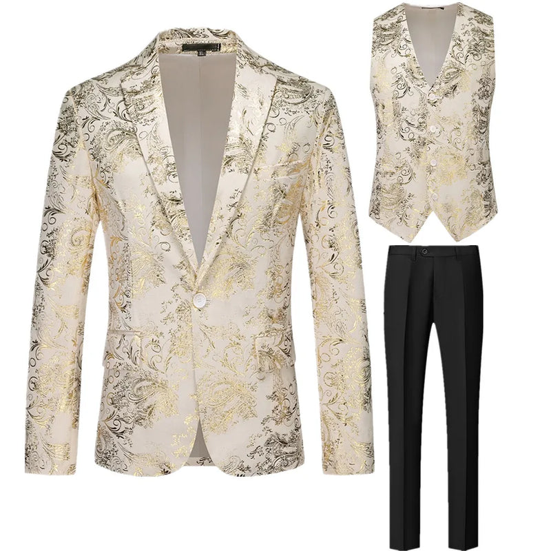 2026 Spring New Men's Three-Piece Suit: Gold-Print Decorated Jacket and Vest Paired with Black Trousers, Asian Fit Slim Cut.