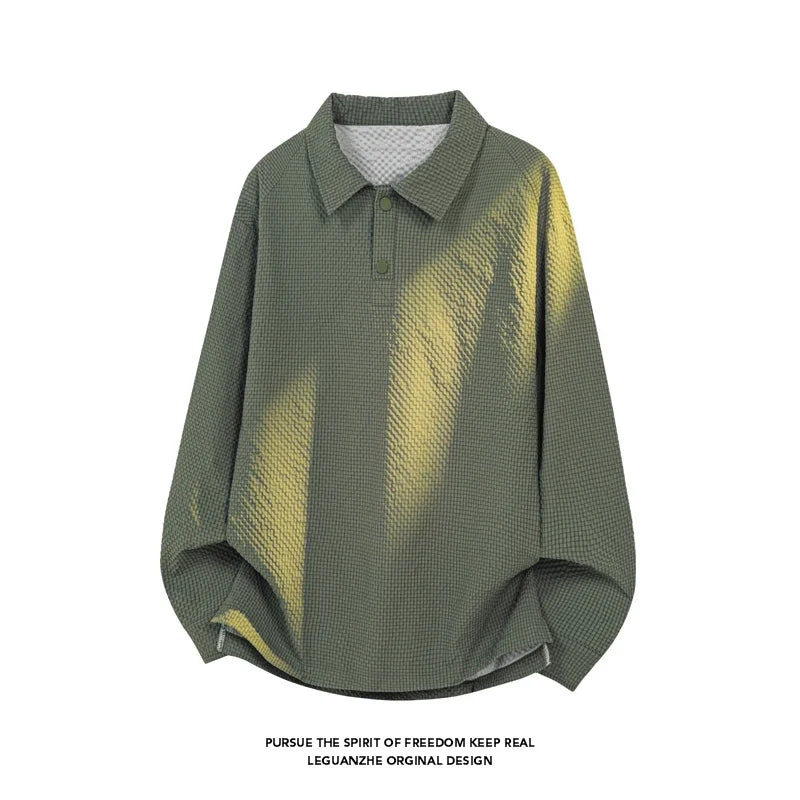 Male Trendy Textured Polo Shirt Lapel Collar Half Button Cropped Silhouette For Short Trip Social Gathering And Street Wear