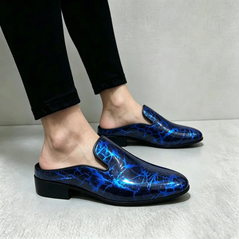 Men's Patent Leather Mule Loafers Backless Slip on Dress Shoes Low Block Heel Pointed Toe Slippers Party Wedding Formal Footwear