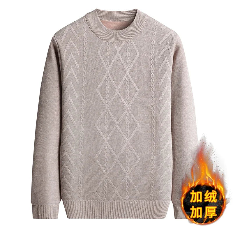 Thick Fleece Men Crew Neck Jumper Vintage Cable and Diamond Woven Texture Soft Knit Fabric Outdoor Daily Warm Top