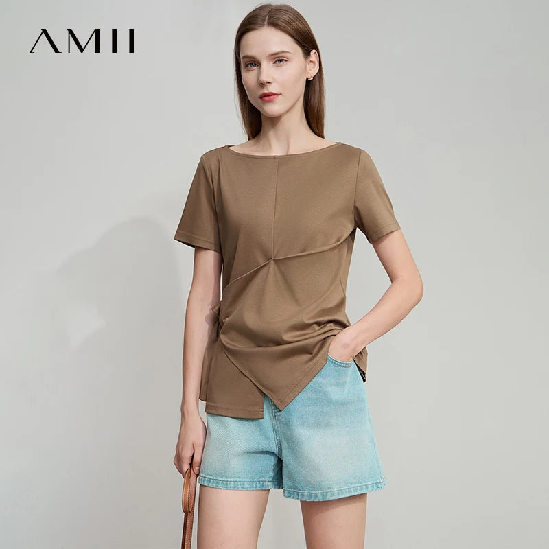 AMII Women Casual Summer T-shirt 2026 New Short Sleeve Slash Neck Tie-up Piece Pleated Cotton Tee Woman Slim Top 12552035