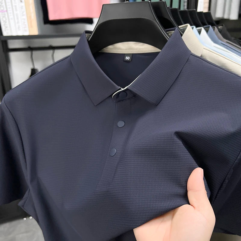 Summer Short Sleeve T-Shirt - Premium Jacquard Spandex, 7A Antibacterial, Seamless, Contrast Color, Split Hem, Wrinkle-Free Polo