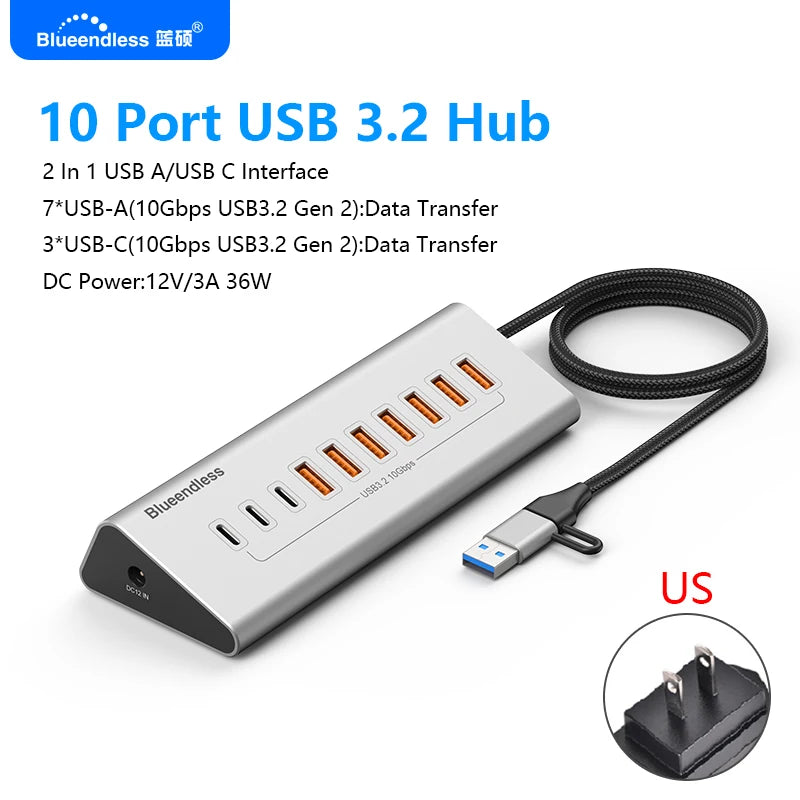 ប៊្លូអែនលីស អាលុយមីញ៉ូម USB3.2 ជំនាន់ទី 2 10Gbps 7 ច្រក 10 ច្រក USB-C Hub 7 ក្នុង 1 10 ក្នុង 1 USB-A Splitter Adapter សម្រាប់កុំព្យូទ័រយួរដៃ macbook