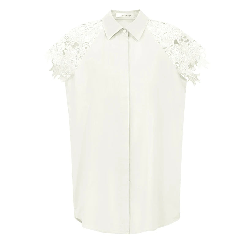 Amii Women Shirt 2026 Summer New Lace Patchwork Lapel Collar Dolman Sleeve Blouse Loose Mid Length Office Cotton Shirt 12642040