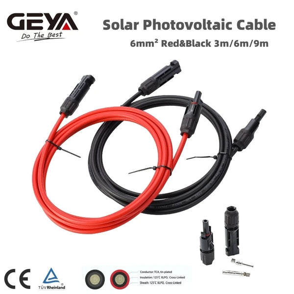ខ្សែ សូឡា GEYA 2000VDC ជាមួយ ឧបករណ៍ ភ្ជាប់ 3/6/9 ម៉ែត្រ ខ្សែ បន្ទះ សូឡា 6mm2 ខ្សែ សូឡា Photovoltaic 10AWG 1 គូ ក្រហម និង ខ្មៅ