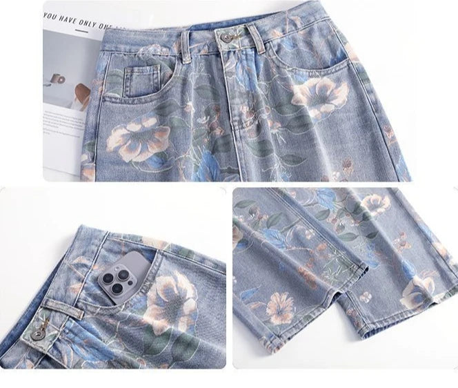 Women's Blue Printed Jeans for Spring and Fall, Blue Denim Shorts for Summer, Asian Sizes S–XXL. 2026-2027