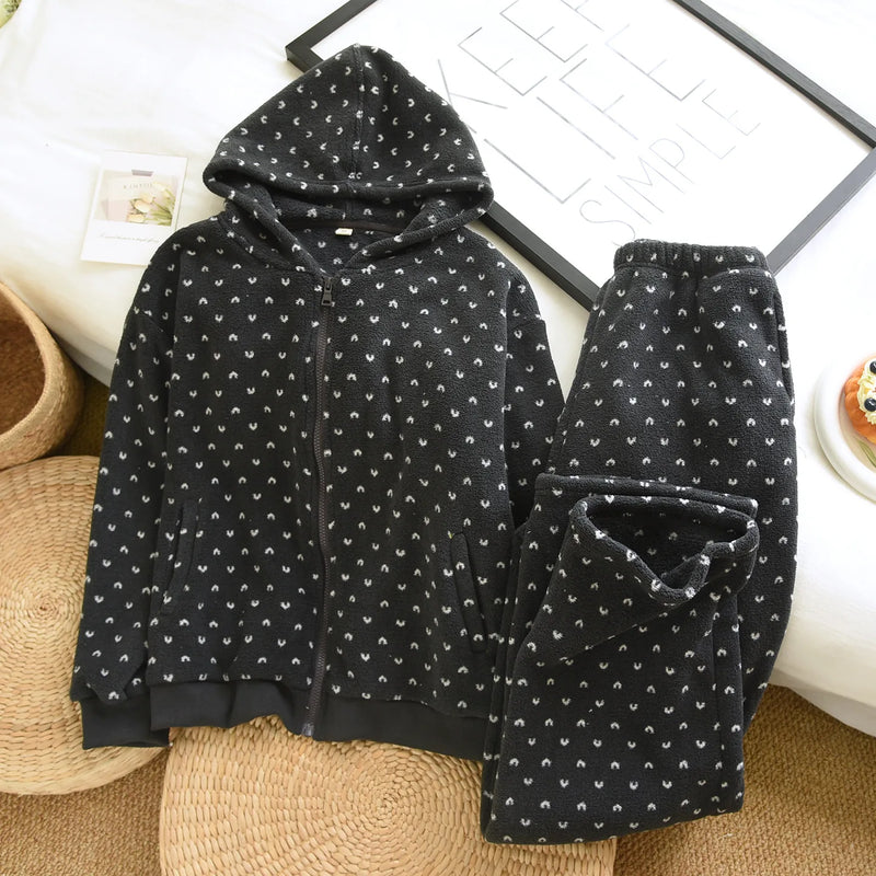 Women's Pajamas Hooded Zipper Thickened 2 Piece Sets Pyjamas Woman Sleepwear for Winter Flannel Ladies Loungewear Suit Pijama