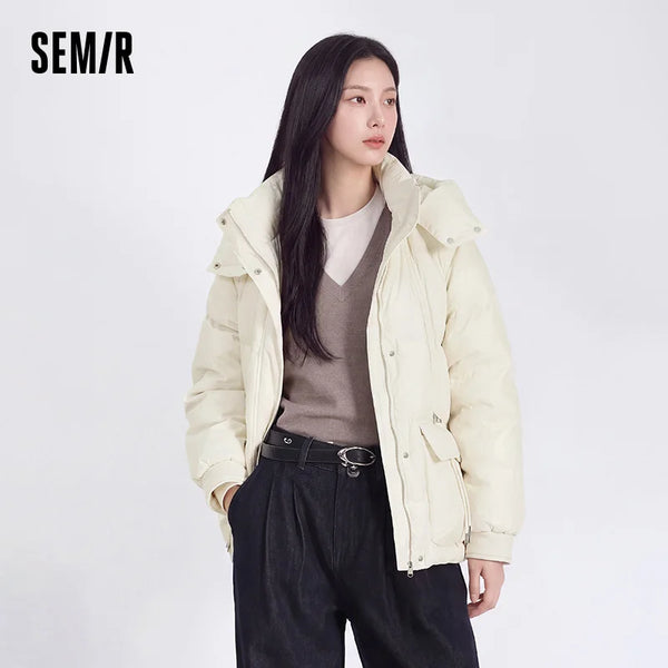 អាវធំស្ត្រី Semir ប្រវែងមធ្យមមានមួក ដៃអាវ Raglan រលុង ៩០ ភាគរយក្តៅ Jacquard រដូវរងា ម៉ូដធម្មតា