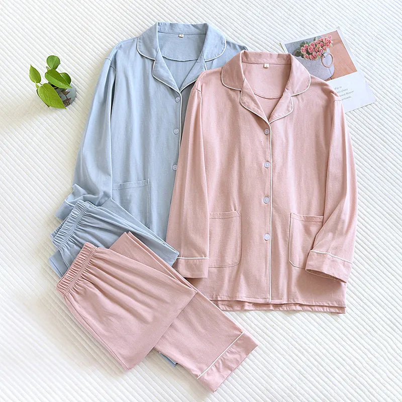 Casual Knitted Couple Long Sleeve Nightwear Suit Men's And Women's Sleepwear Home Clothes Spring Autumn Cotton Pajamas Set