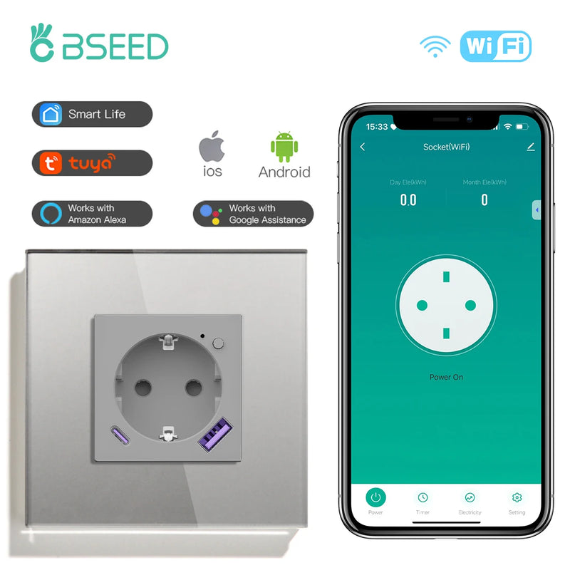 BSEED EU Standard Wifi Smart Socket With 20W USB Type-C Port Power Monitor Timing Function Tuya Alexa Smart Home Control 16A
