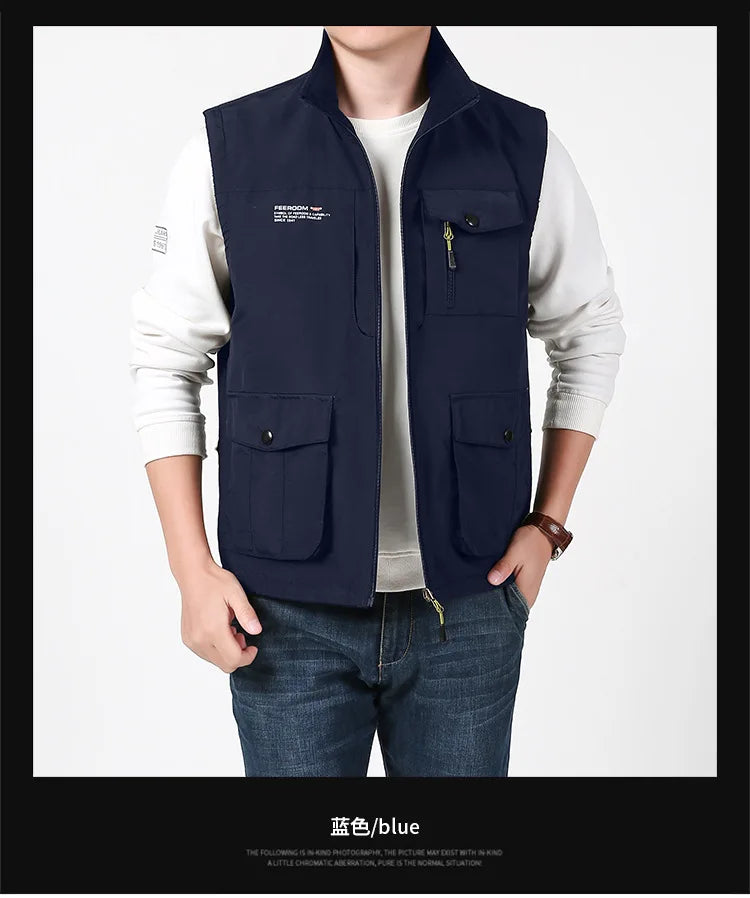 Men's Sleeveless Vest Jacket for Fall and Winter, Travel, Leisure, and Fishing Wear. Green, Khaki, Gray, Black, Red, Blue Coat.