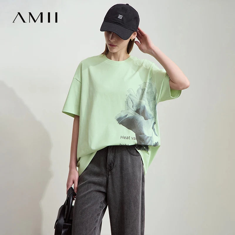 អាវយឺត AMII រដូវក្តៅបោះពុម្ពសម្រាប់ស្ត្រីឆ្នាំ ២០២៥ អាវកមូលដៃខ្លីធម្មតាសម្រាប់ស្ត្រីម៉ូដថ្មីស្មាទម្លាក់អាវរលុង 12522006