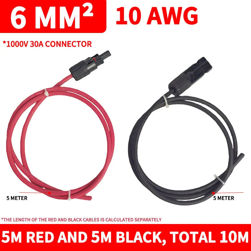 6 mm² 10AWG Extension Cable PV1-F Solar Panel Wire, Waterproof DC Connector Male & Female Pair for Photovoltaic System