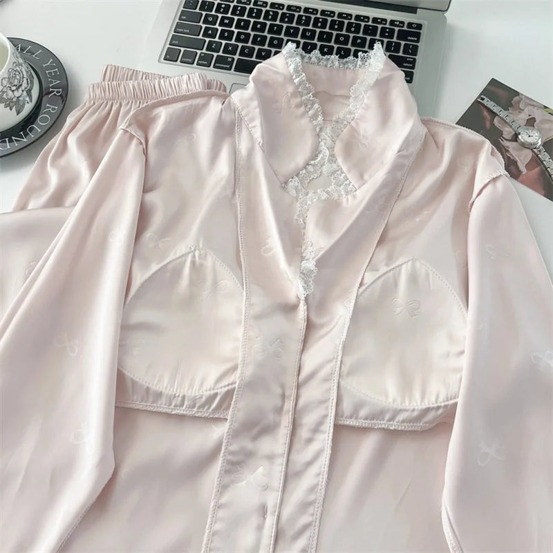 Chest Pad Pyjamas Women Pajamas Sleepwear 2 Piece Sets Spring Autumn Lapel Long Sleeve Ladies Loungewear Suit Print Homewear