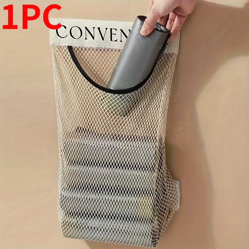 1/2pcs Versatile Wall-Mounted Plastic Bag Holder - Reusable Elastic Storage Net With Magic Sticker. for Kitchen, Bathroom