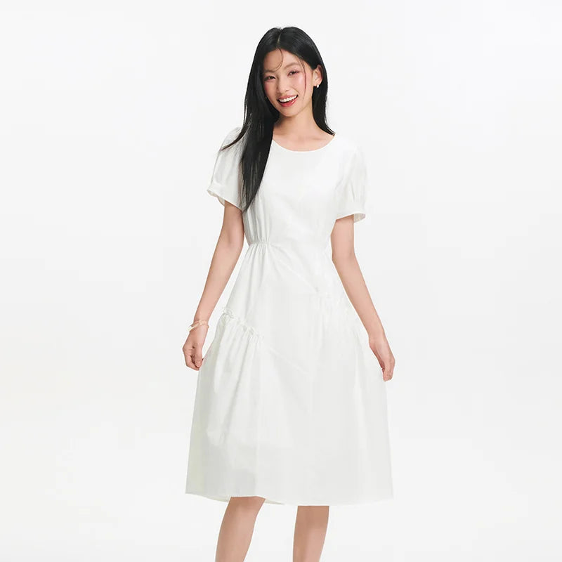 Semir Women Dress Irregular Spliced Ruffle Puff Sleeve Waist Trimming Stylish Midi 2026 Elegant Fashion Casual Daily Wear