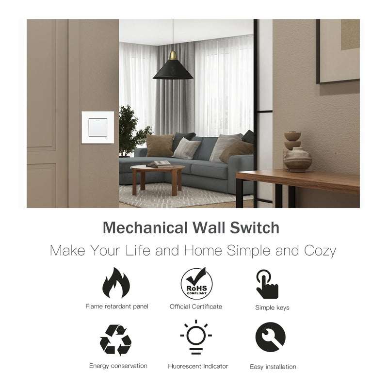 BSEED Mechanical Button Switch 1/2/3Gang 1Way Plus Wall Socket Power Outlets Plastic Panel Wall Light Switch On Off